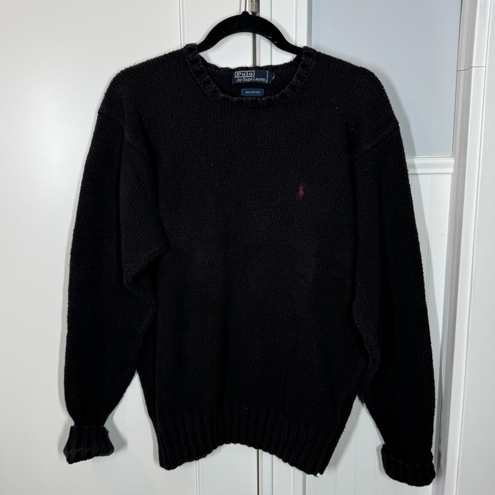 Vintage Polo Ralph Lauren Sweater Cotton Knit Solid Black Washed Sz small unisex